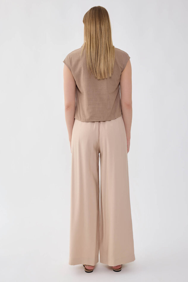 Önü Pileli Beli Lastikli Geniş Paça Palazzo Pantolon - 5