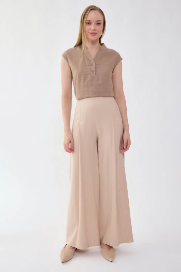Önü Pileli Beli Lastikli Geniş Paça Palazzo Pantolon - 1