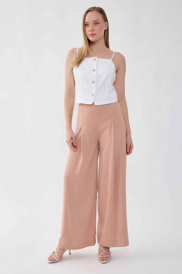 Önü Pileli Beli Lastikli Geniş Paça Palazzo Pantolon - 6