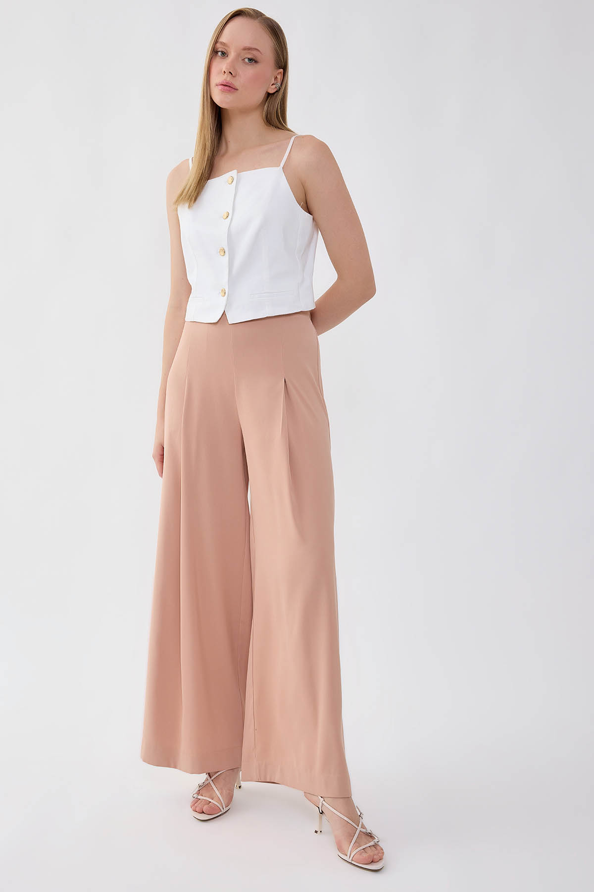 Önü Pileli Beli Lastikli Geniş Paça Palazzo Pantolon - Thumbnail