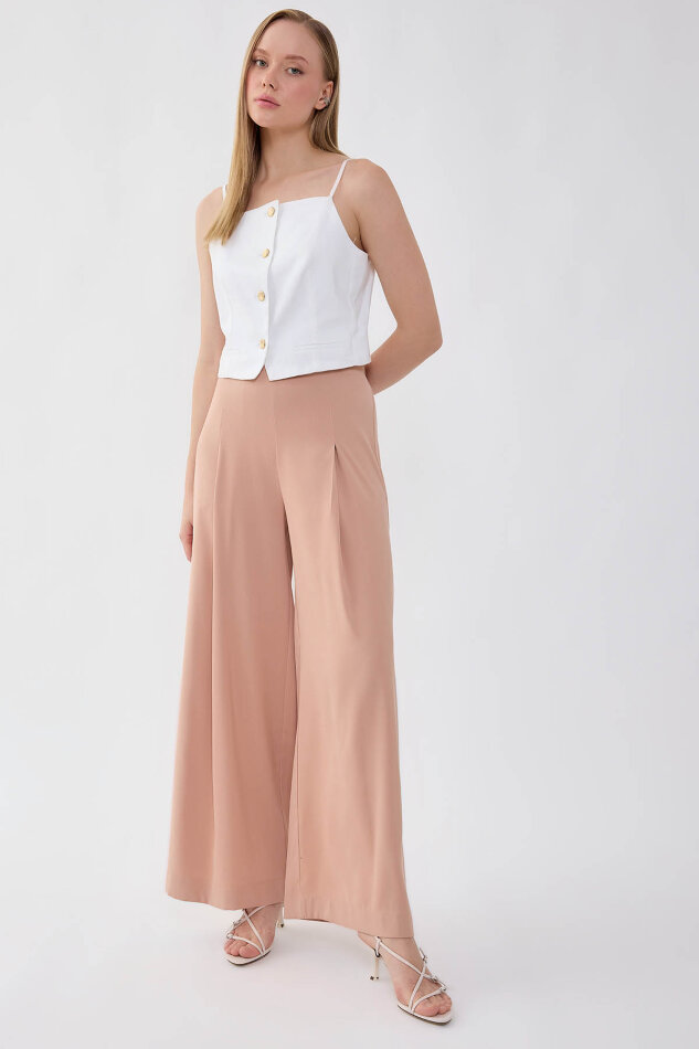 Önü Pileli Beli Lastikli Geniş Paça Palazzo Pantolon - 8