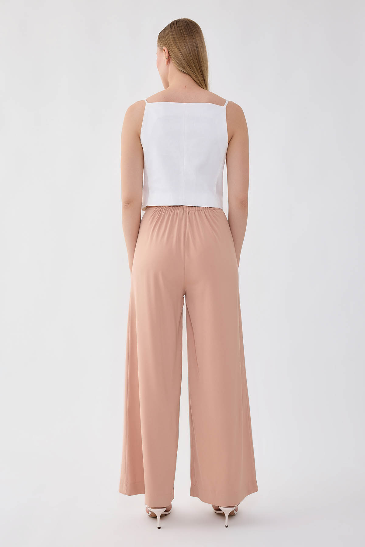 Önü Pileli Beli Lastikli Geniş Paça Palazzo Pantolon - Thumbnail