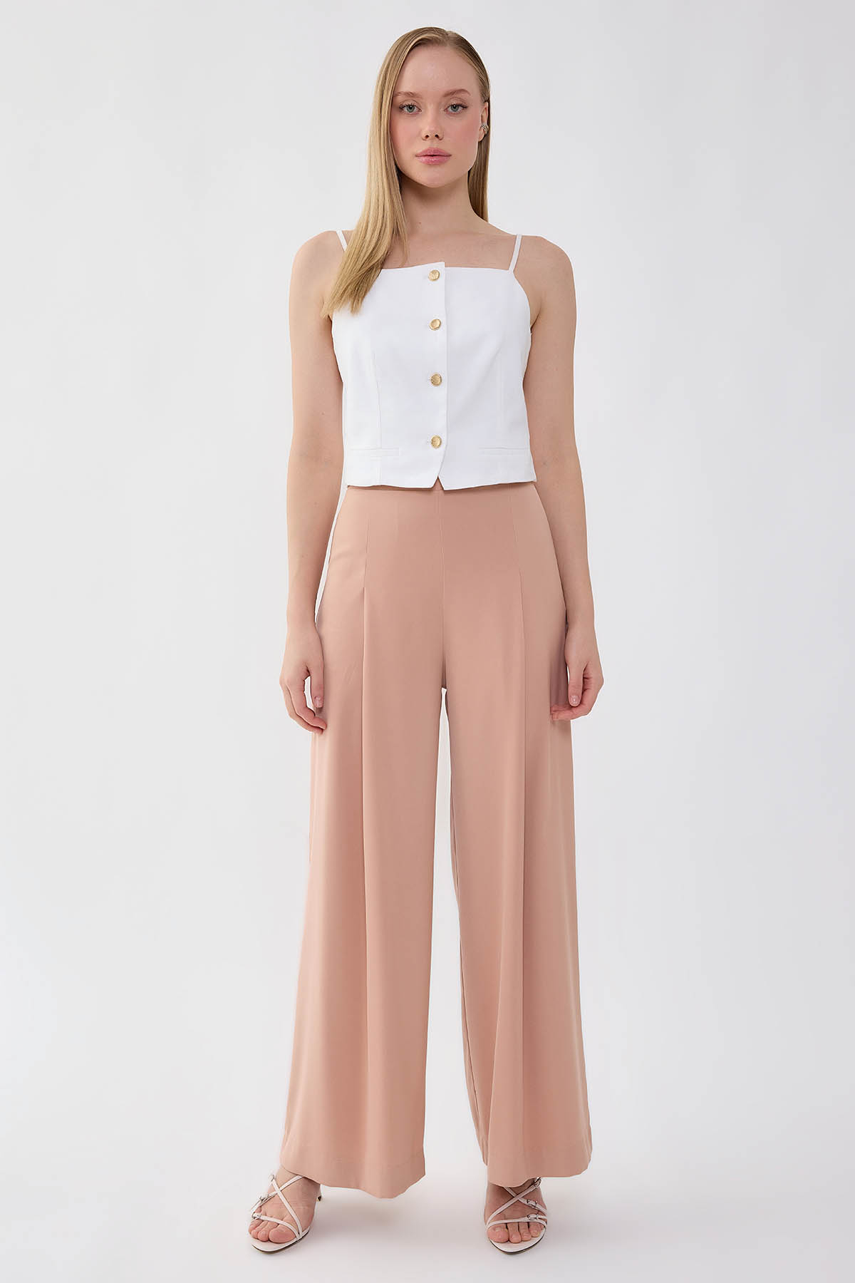 Önü Pileli Beli Lastikli Geniş Paça Palazzo Pantolon - Thumbnail