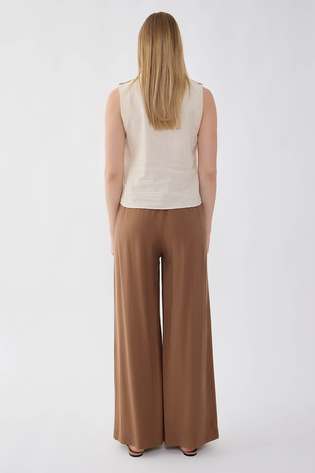 Önü Pileli Beli Lastikli Geniş Paça Palazzo Pantolon - Thumbnail