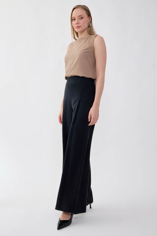 Önü Pileli Beli Lastikli Geniş Paça Palazzo Pantolon - 16