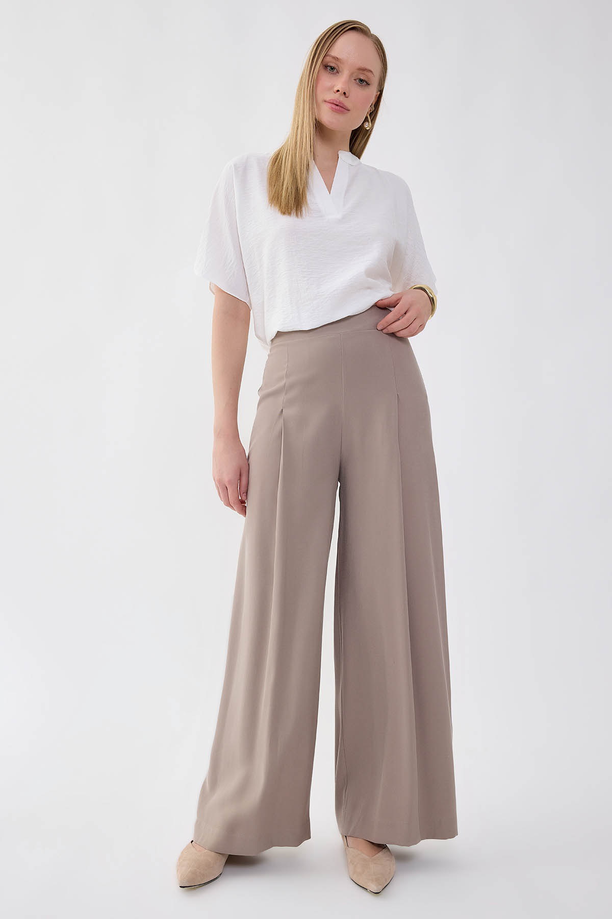 Önü Pileli Beli Lastikli Geniş Paça Palazzo Pantolon - Thumbnail