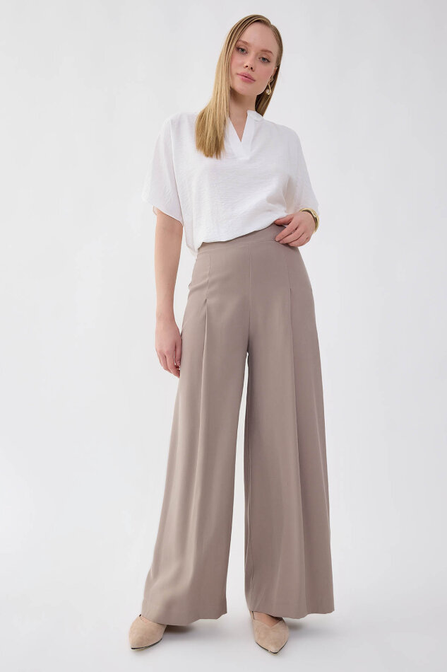 Önü Pileli Beli Lastikli Geniş Paça Palazzo Pantolon - 20