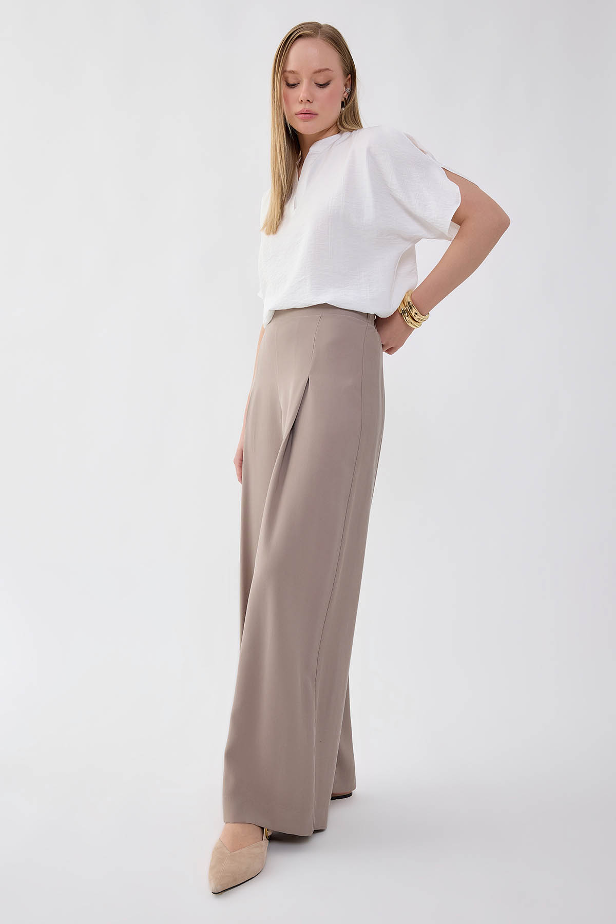 Önü Pileli Beli Lastikli Geniş Paça Palazzo Pantolon - Thumbnail