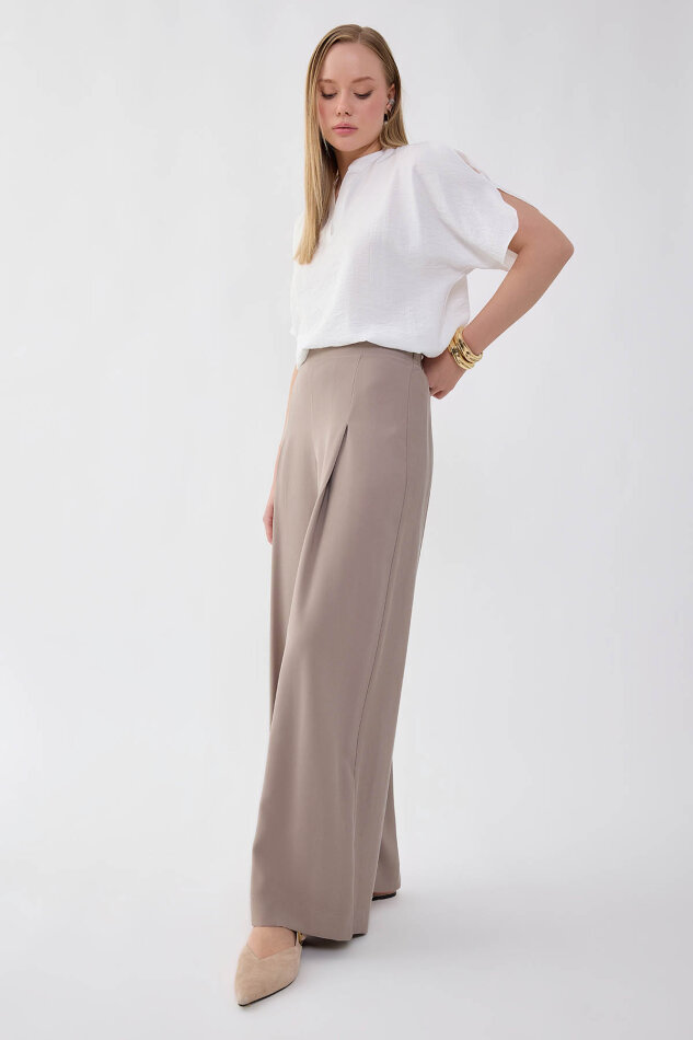 Önü Pileli Beli Lastikli Geniş Paça Palazzo Pantolon - 21