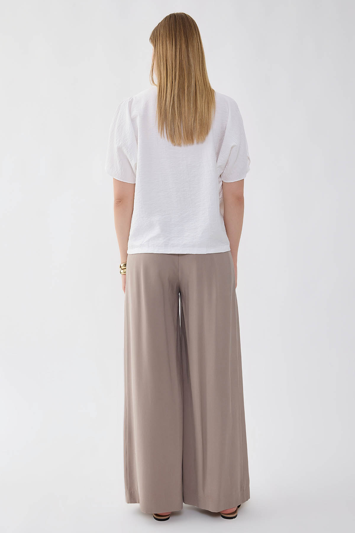 Önü Pileli Beli Lastikli Geniş Paça Palazzo Pantolon - Thumbnail