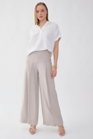 Önü Pileli Beli Lastikli Geniş Paça Palazzo Pantolon - 25