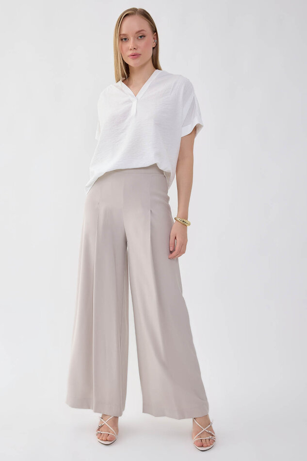 Önü Pileli Beli Lastikli Geniş Paça Palazzo Pantolon - 25