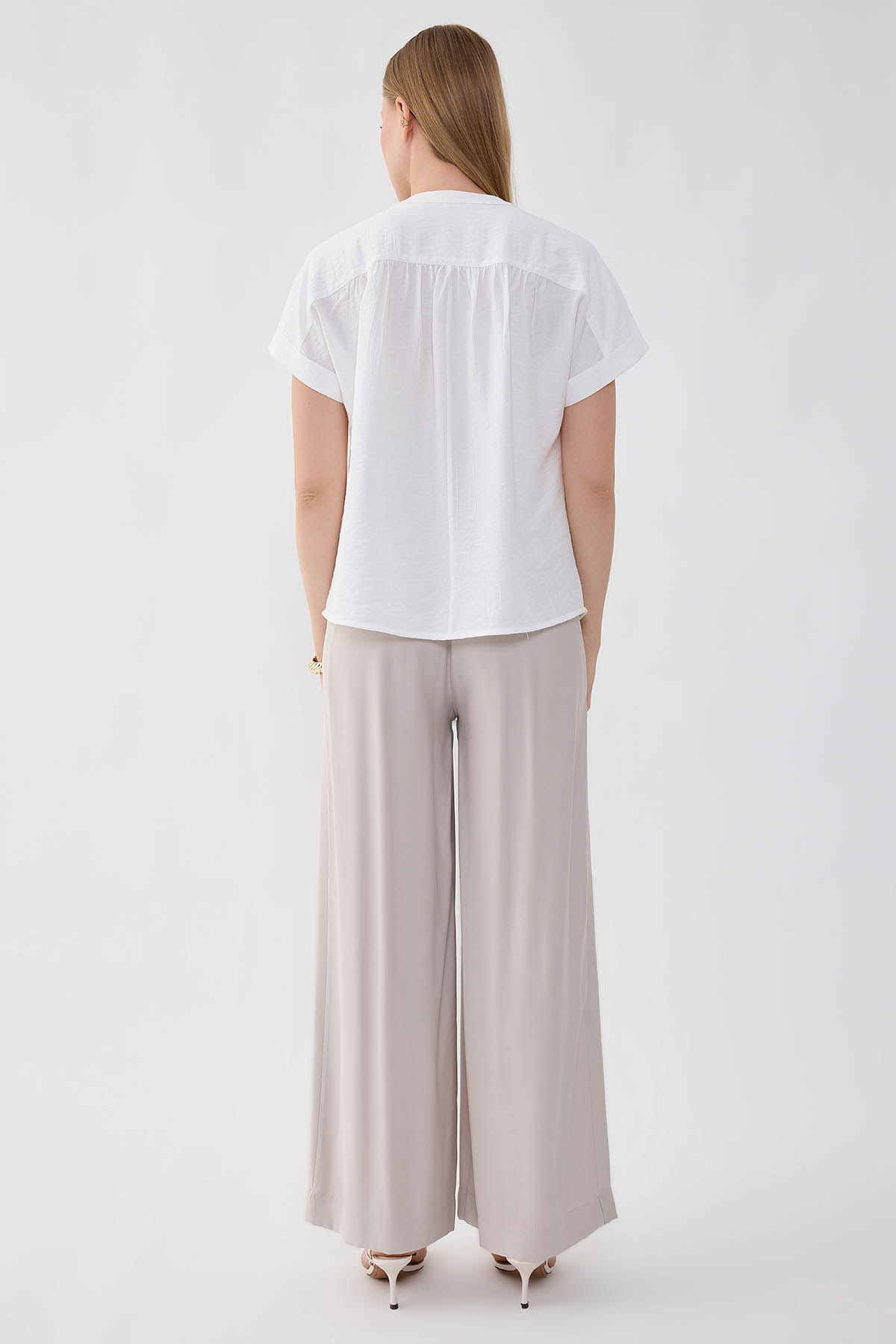 Önü Pileli Beli Lastikli Geniş Paça Palazzo Pantolon - Thumbnail