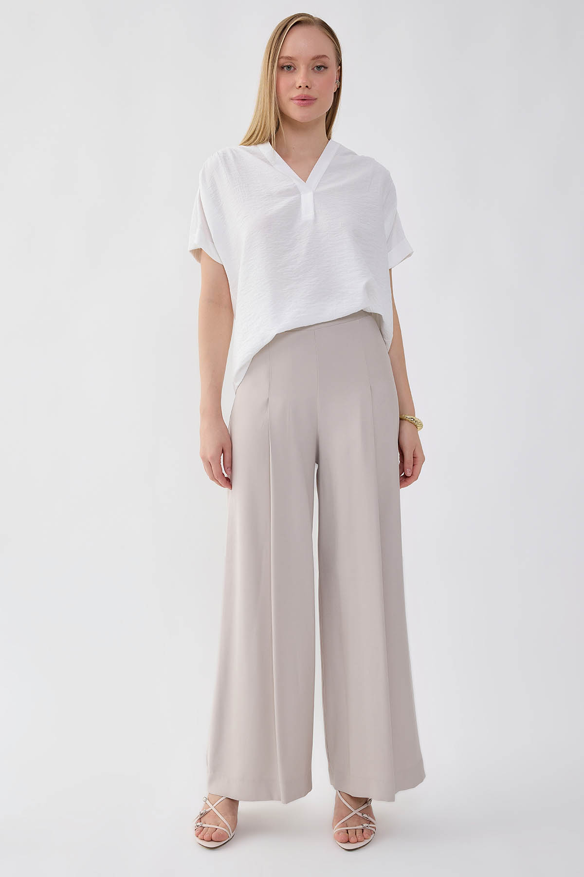 Önü Pileli Beli Lastikli Geniş Paça Palazzo Pantolon - Thumbnail