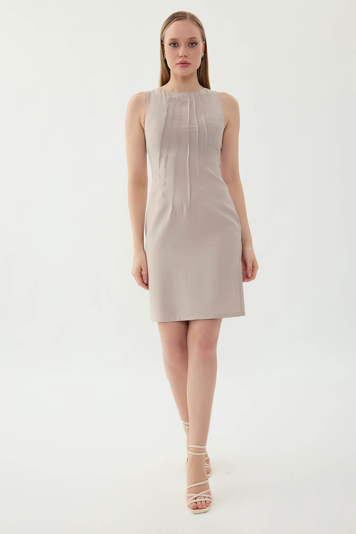 Önü Pileli Sıfır Kol Elbise - Thumbnail