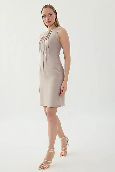 Önü Pileli Sıfır Kol Elbise - 6