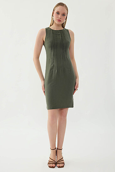 Önü Pileli Sıfır Kol Elbise - 8