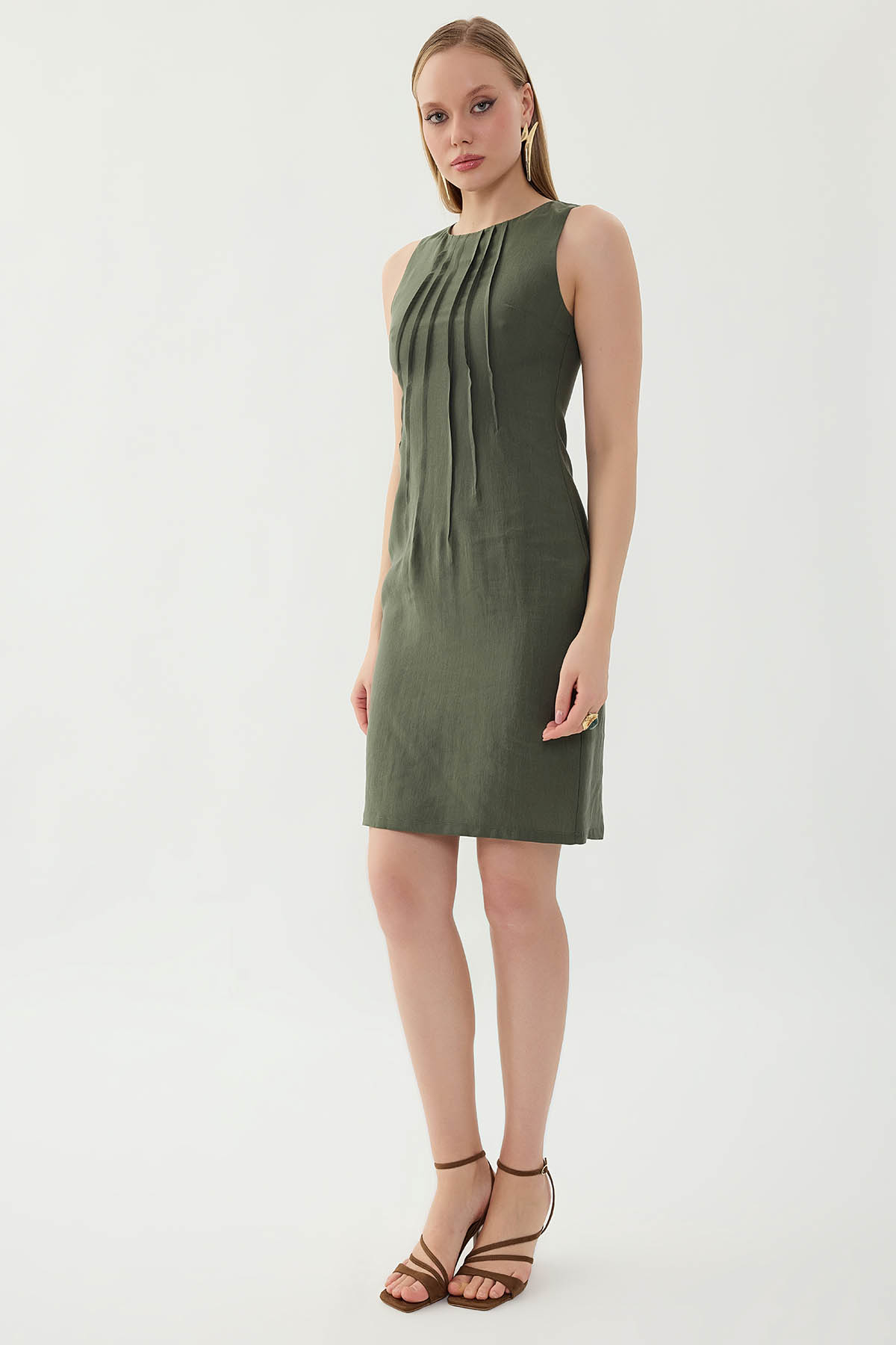 Önü Pileli Sıfır Kol Elbise - Thumbnail