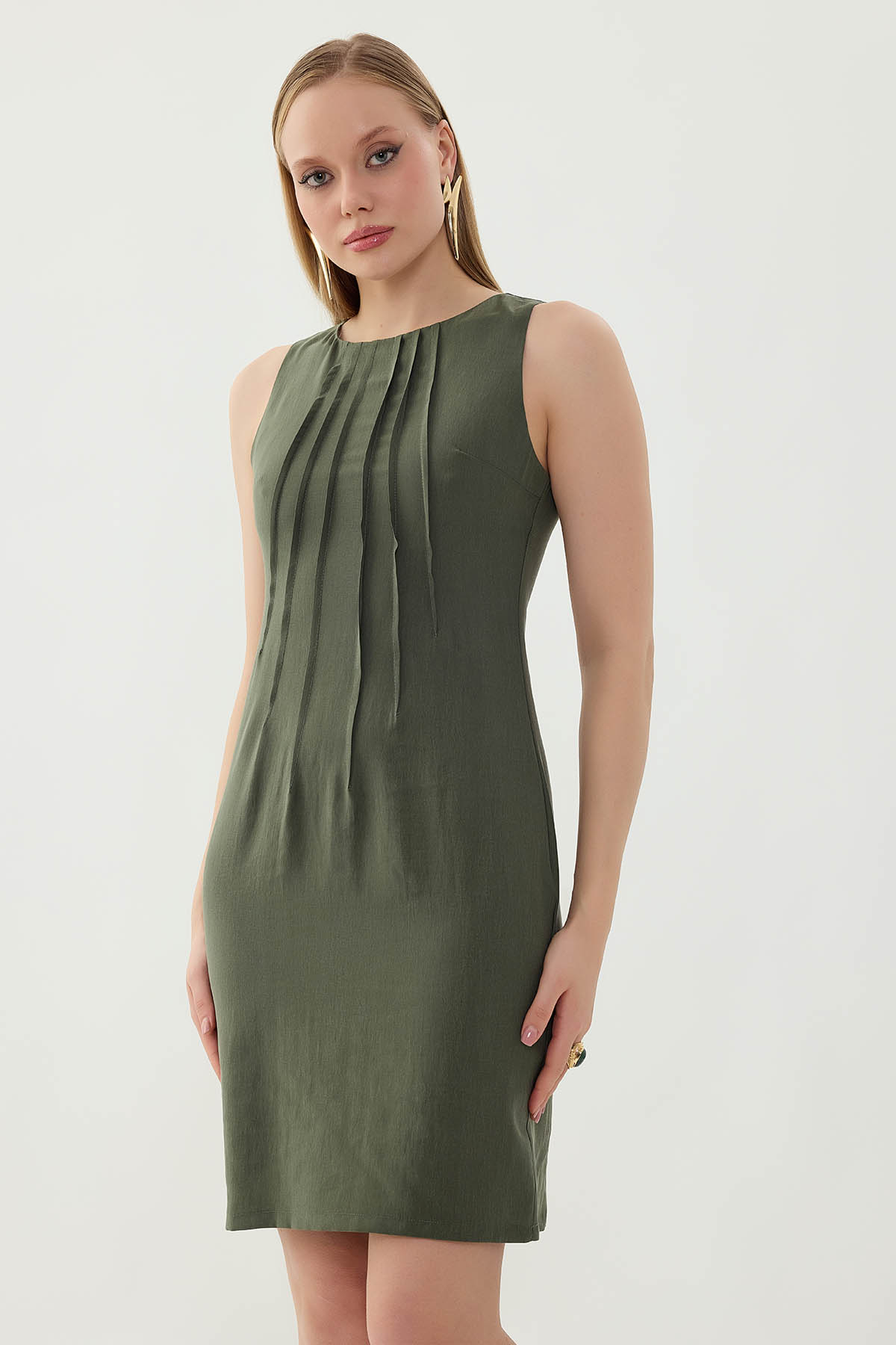 Önü Pileli Sıfır Kol Elbise - Thumbnail