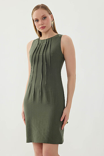 Önü Pileli Sıfır Kol Elbise - 10