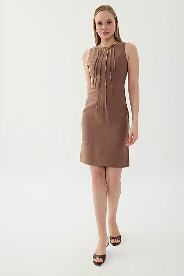 Önü Pileli Sıfır Kol Elbise - 14