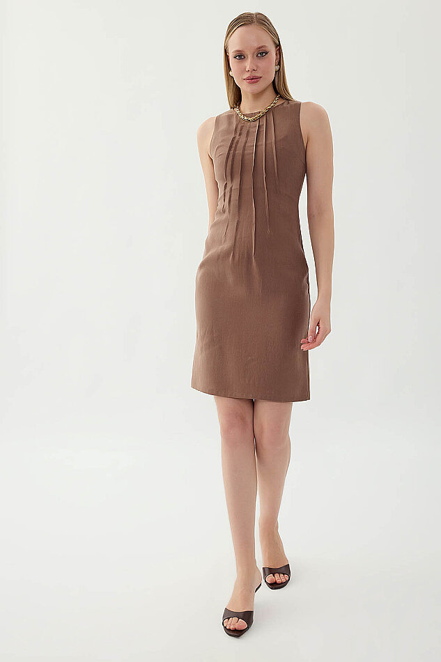 Önü Pileli Sıfır Kol Elbise - 14