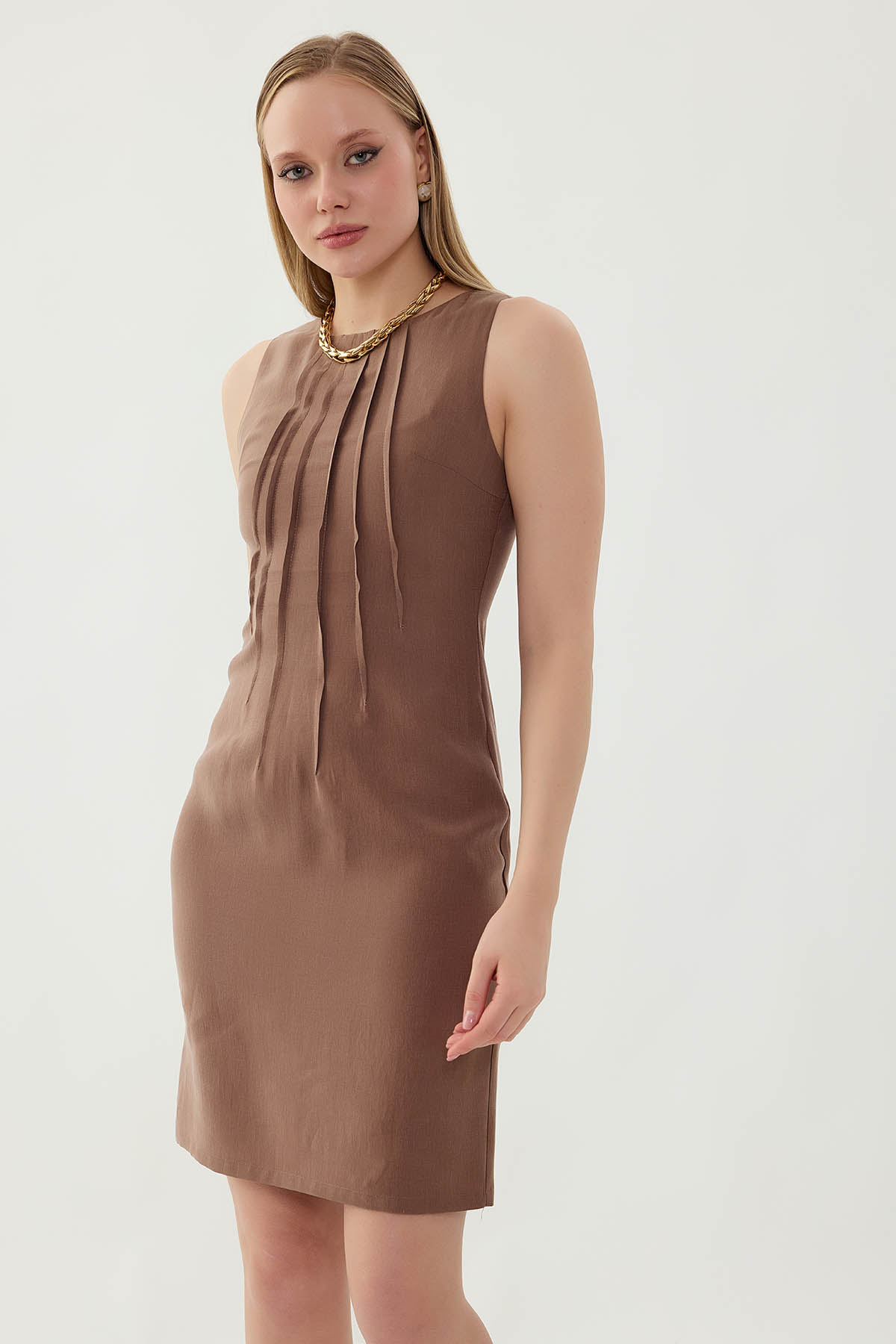 Önü Pileli Sıfır Kol Elbise - Thumbnail