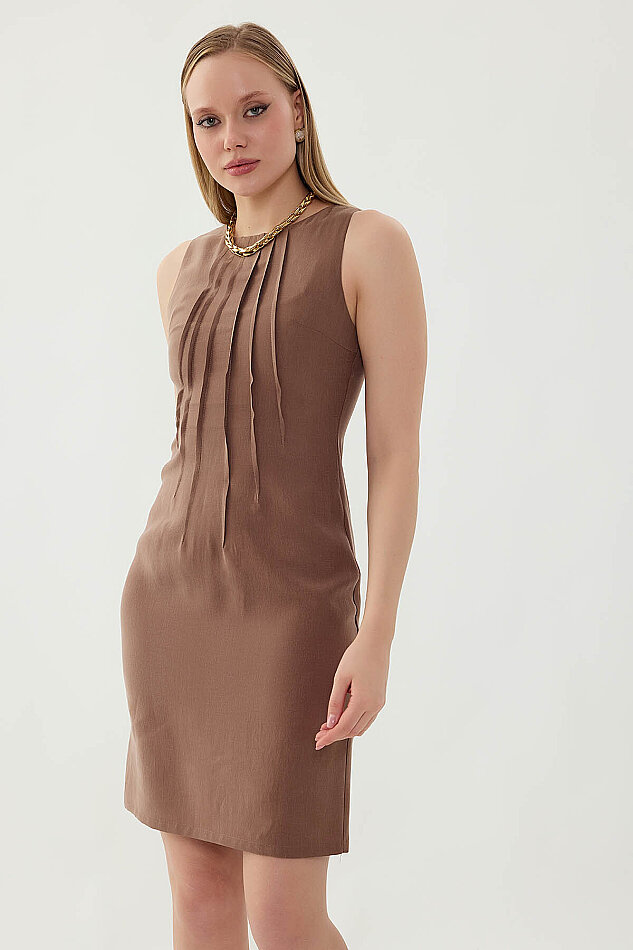 Önü Pileli Sıfır Kol Elbise - 15