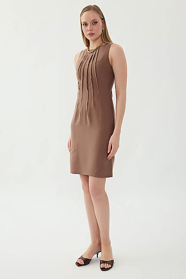 Önü Pileli Sıfır Kol Elbise - 16