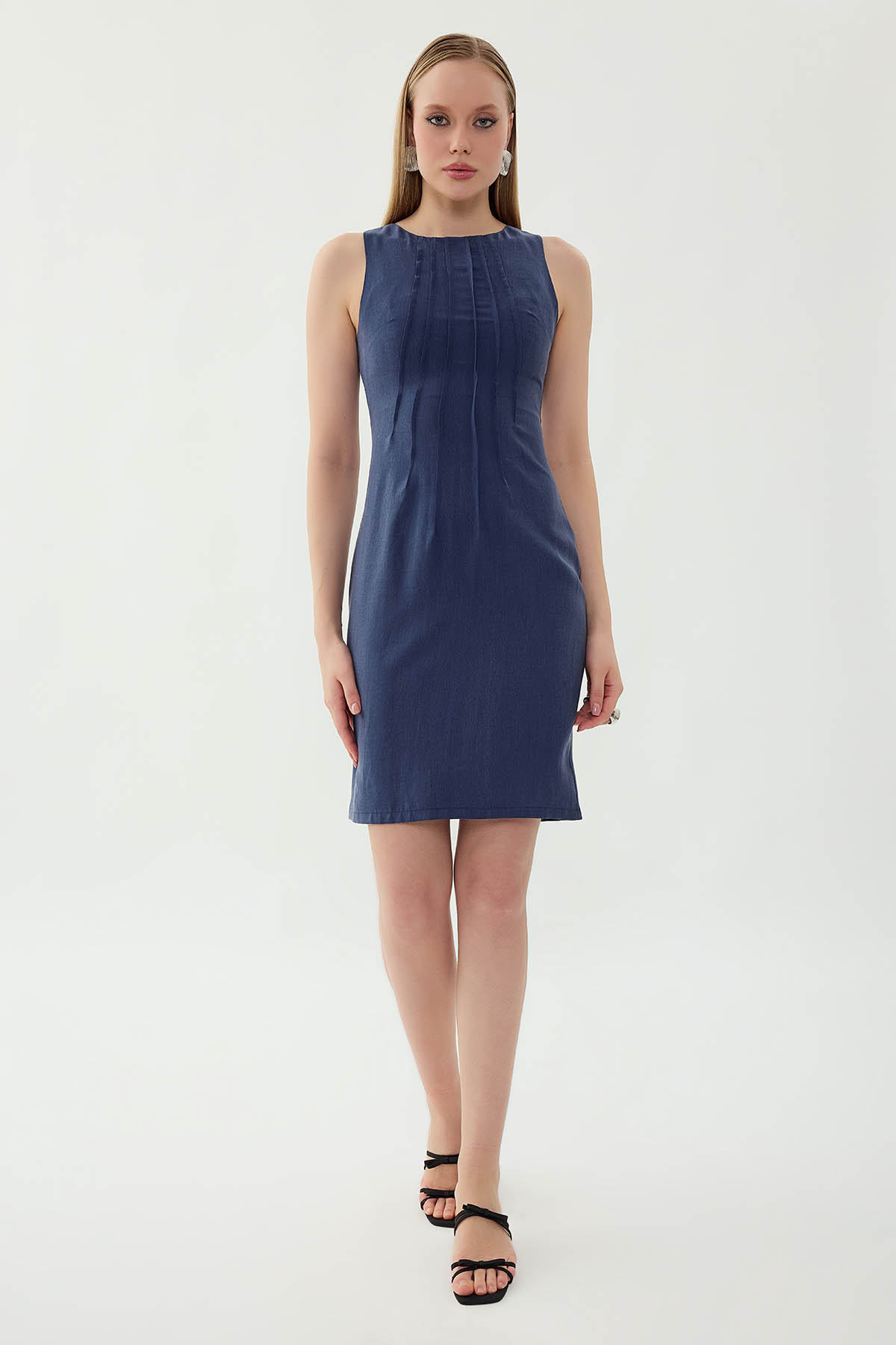 Önü Pileli Sıfır Kol Elbise - Thumbnail