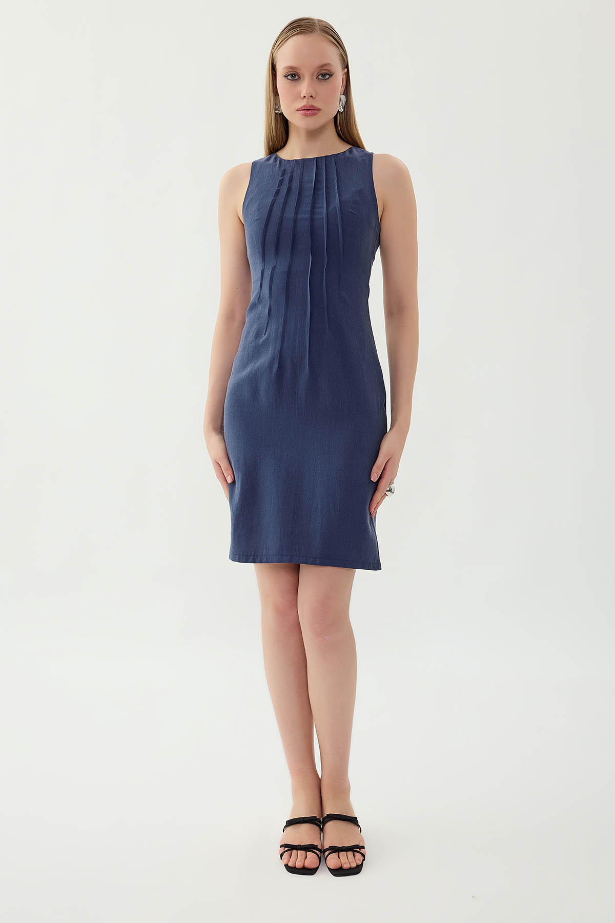 Önü Pileli Sıfır Kol Elbise - Thumbnail