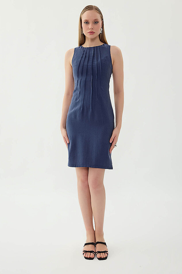 Önü Pileli Sıfır Kol Elbise - 18