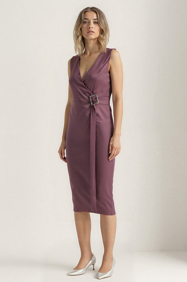 Önü Tokalı V Yaka Saten Elbise - 4