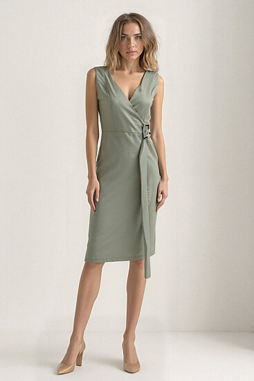 Önü Tokalı V Yaka Saten Elbise - 8