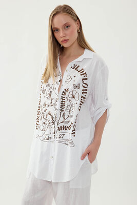 Oversize Baskılı Keten Gömlek (1)