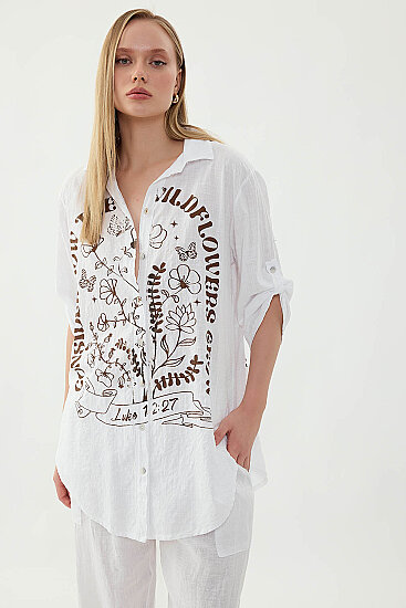 Oversize Baskılı Keten Gömlek - 3