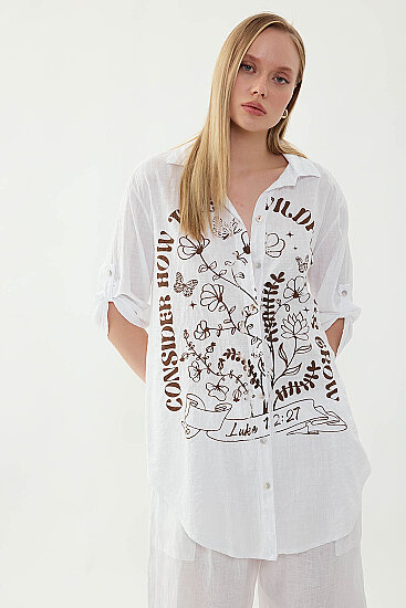 Oversize Baskılı Keten Gömlek - 4