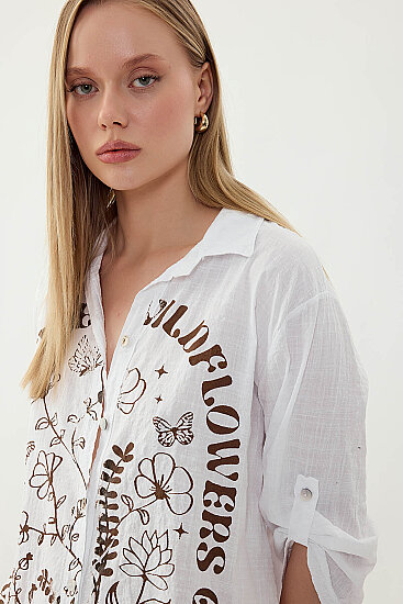 Oversize Baskılı Keten Gömlek - 6