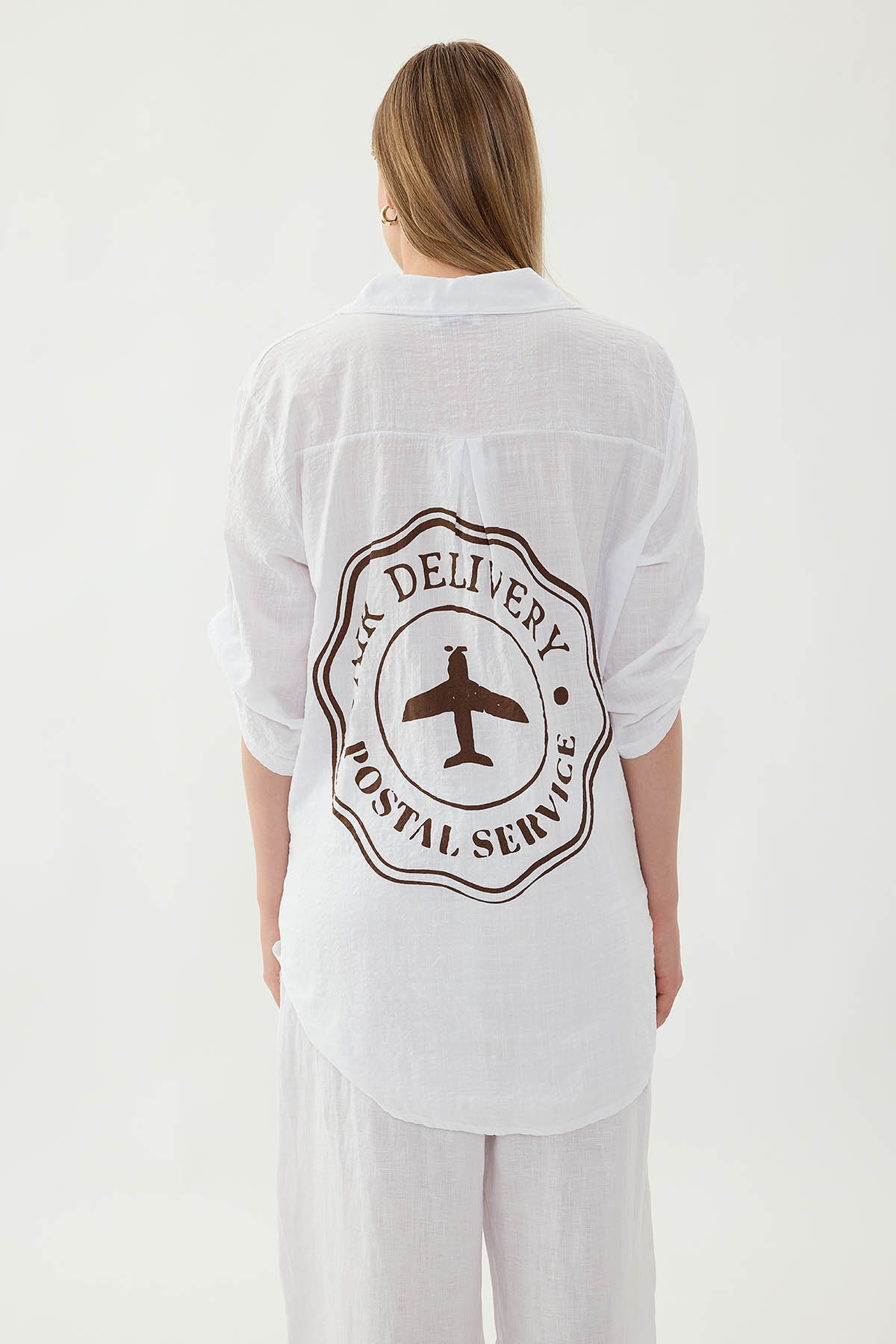 Oversize Baskılı Keten Gömlek - Thumbnail