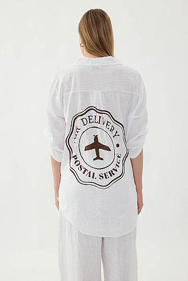 Oversize Baskılı Keten Gömlek - 5