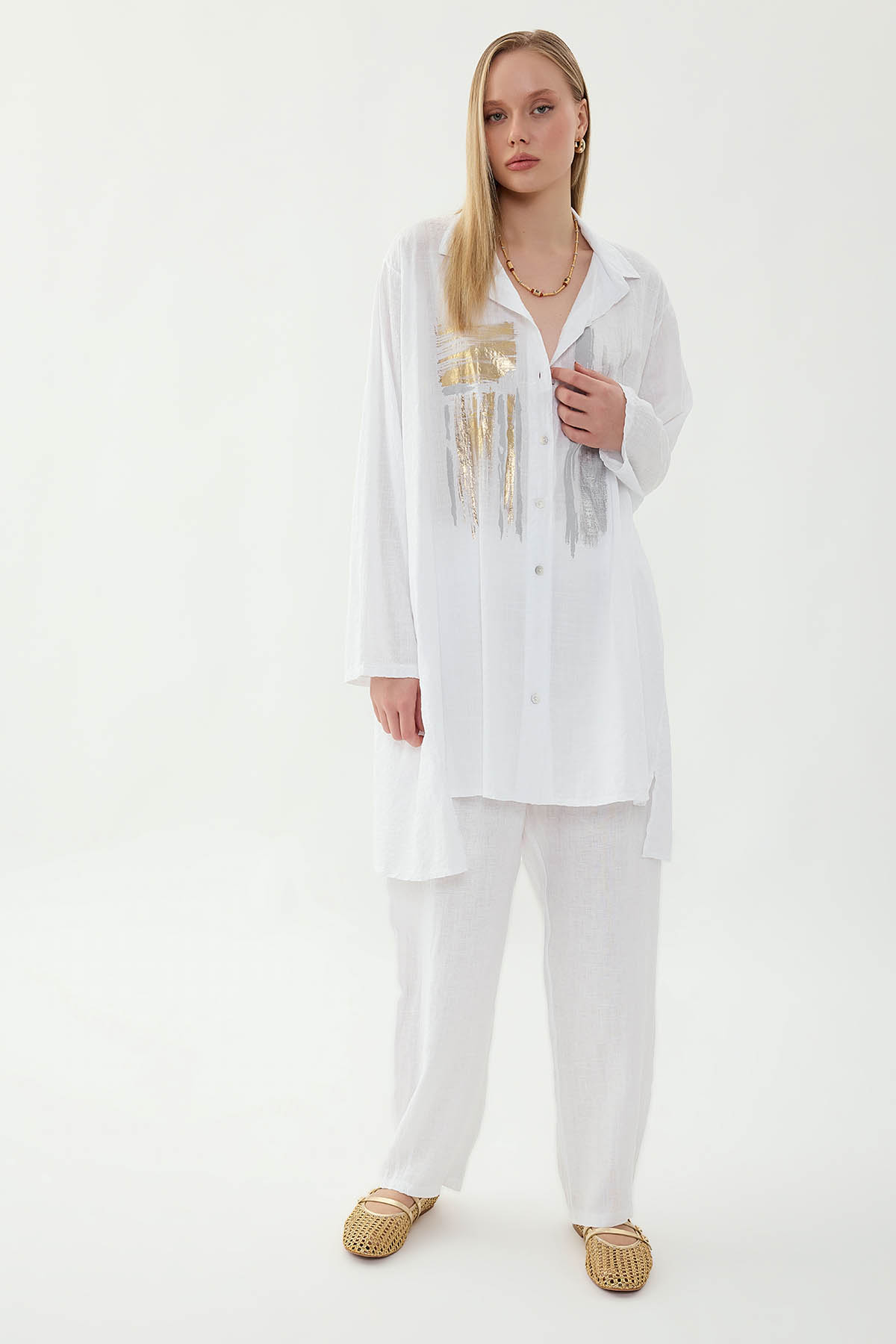 Oversize Baskılı Keten Gömlek - Thumbnail