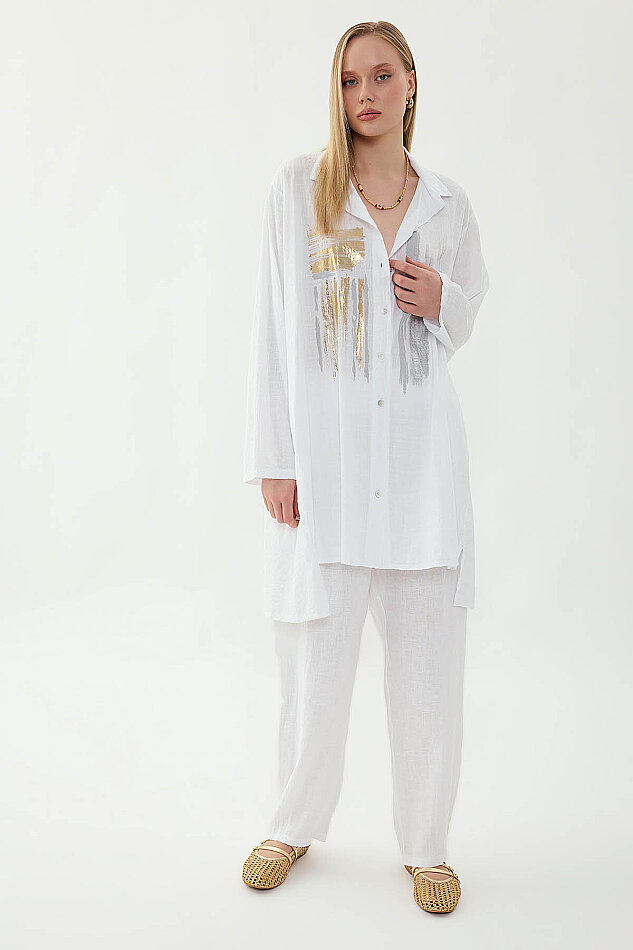 Oversize Baskılı Keten Gömlek - 7