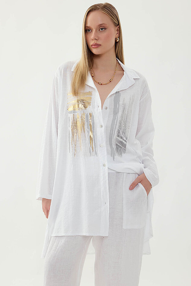 Oversize Baskılı Keten Gömlek - 4