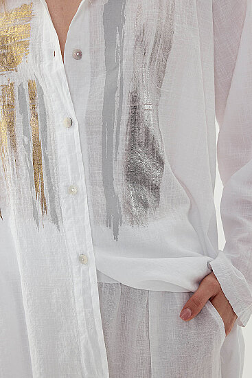 Oversize Baskılı Keten Gömlek - 6