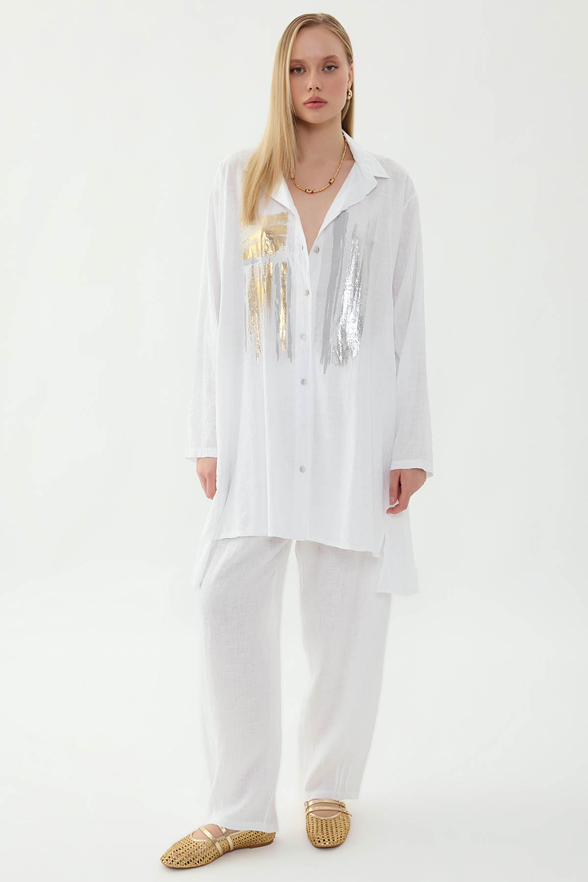 Oversize Baskılı Keten Gömlek - Thumbnail