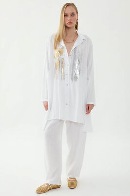 Oversize Baskılı Keten Gömlek (1)