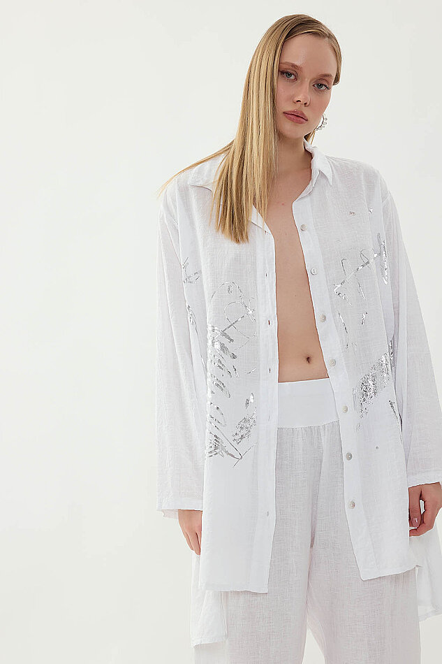 Oversize Baskılı Keten Gömlek - 9