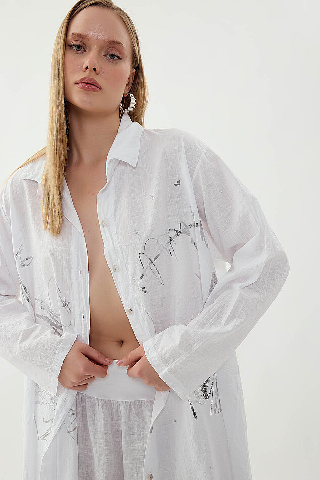Oversize Baskılı Keten Gömlek - 10