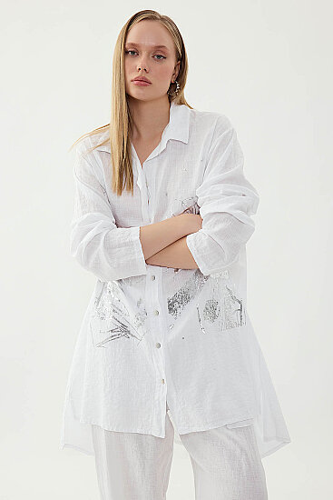 Oversize Baskılı Keten Gömlek - 11