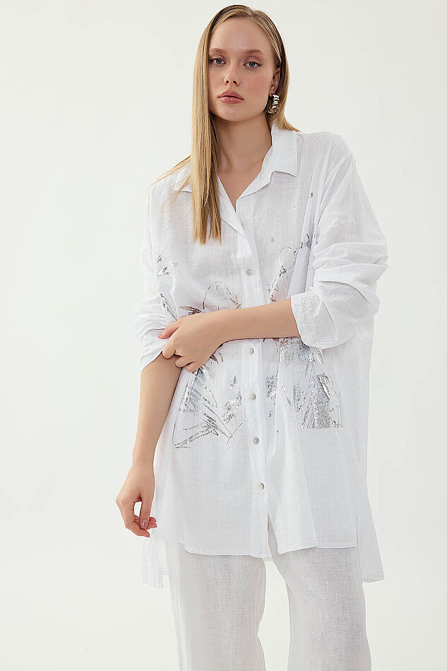 Oversize Baskılı Keten Gömlek - 13